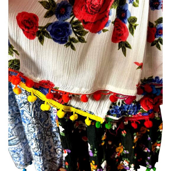 Anandas Patchwork Print Tassel Detail Smock Mini Dress Size Large Bell Sleeves - Picture 8 of 13